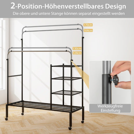 Clothes rack with 2 clothes rails, clothes rack on wheels, coat stand, height adjustable 135 x 54 x 170cm silver