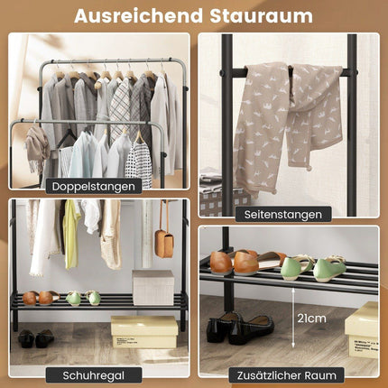 Clothes rack with 2 clothes rails double coat rack with adjustable heights black + silver