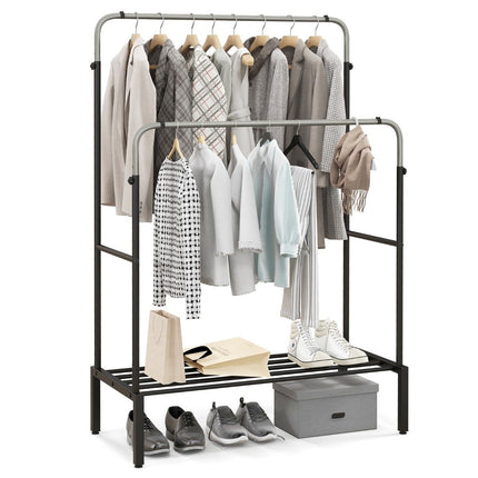 Clothes rack with 2 clothes rails double coat rack with adjustable heights black + silver