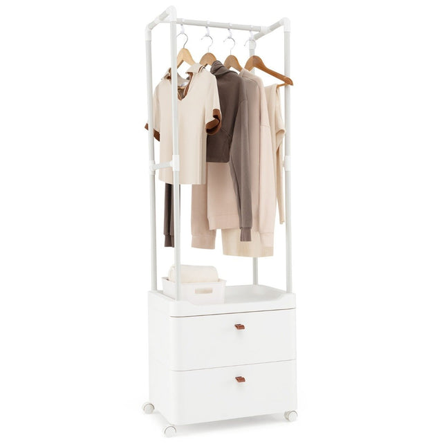 Kledingrek met 2 lades kapstok met vergrendelbare wielen 52 x 40 x 161 cm wit