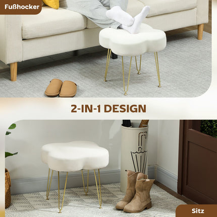 Clover-Shaped Ottoman, Velvet Upholstery, Cream, Steel Legs