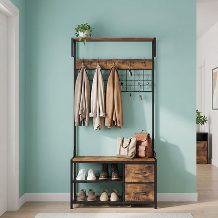 Coat Rack & Bench with Storage, Brown, MDF & Iron
