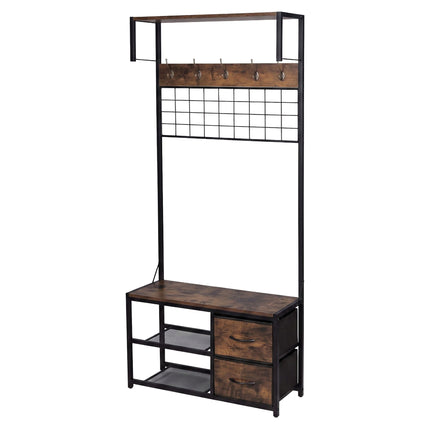 Coat Rack & Bench with Storage, Brown, MDF & Iron
