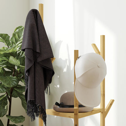 Bamboo clothes hanger with 8 hooks - adjustable entrance rack