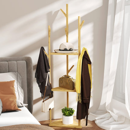 Bamboo clothes hanger with 8 hooks - adjustable entrance rack