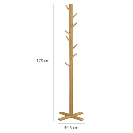 Bamboo coat hanger with 8 hooks, natural finish, 49.5x178 cm