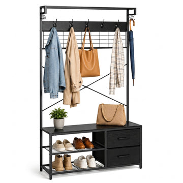 Coat Rack & Shoe Shelf with Drawers – Black, Metal Frame