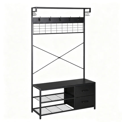 Coat Rack & Shoe Shelf with Drawers – Black, Metal Frame