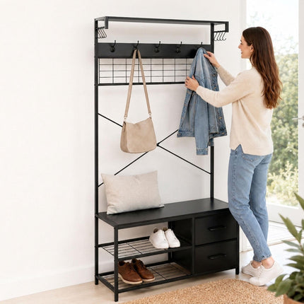 Coat Rack & Shoe Shelf with Drawers – Black, Metal Frame