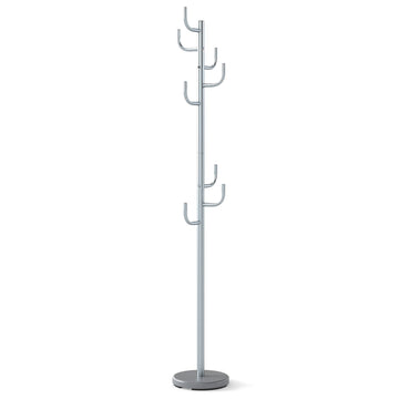 Coat Rack Stand, 175 cm, 8 Hooks, Adjustable Height, Silver