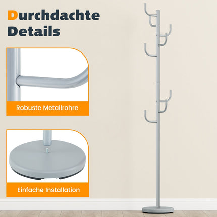 Coat Rack Stand, 175 cm, 8 Hooks, Adjustable Height, Silver