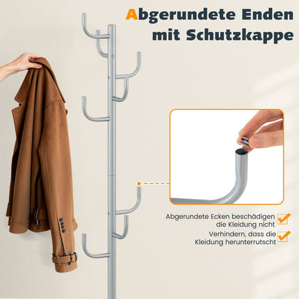 Coat Rack Stand, 175 cm, 8 Hooks, Adjustable Height, Silver