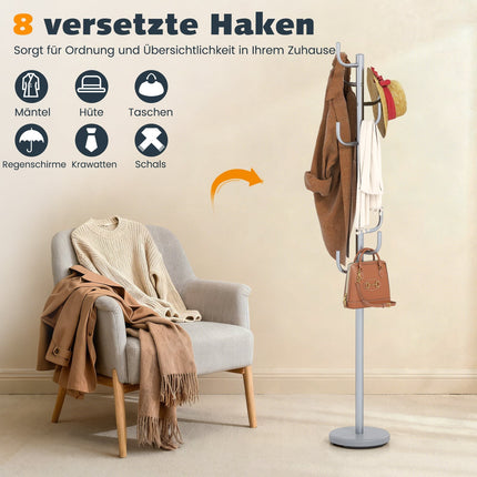 Coat Rack Stand, 175 cm, 8 Hooks, Adjustable Height, Silver