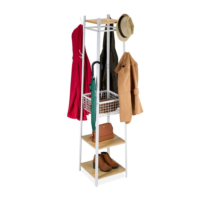 Kapstokstandaard met 8 haken, 3 planken, mand