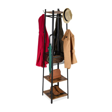 Coat Rack Stand with 8 Hooks, 3 Shelves, Basket
