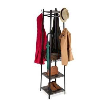 Coat Rack Stand with 8 Hooks, 3 Shelves, Basket