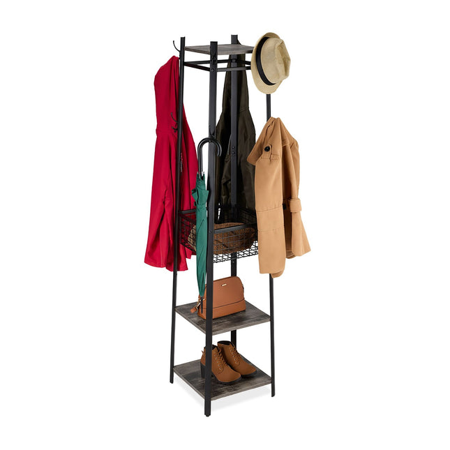 Coat Rack Stand with 8 Hooks, 3 Shelves, Basket