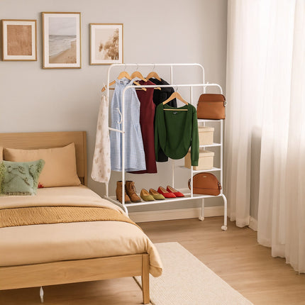 Coat Rack on Wheels with Double Rails and Shelves