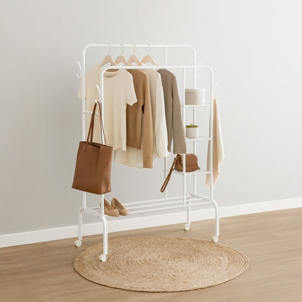 Coat Rack on Wheels with Double Rails and Shelves