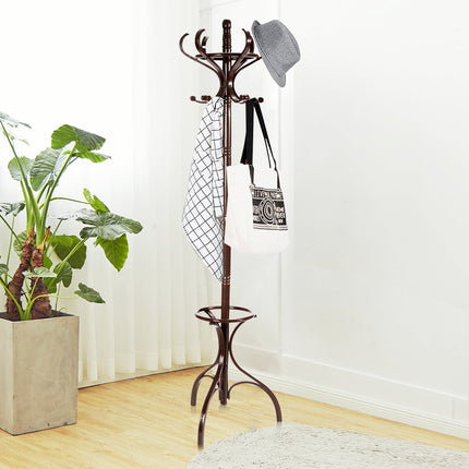 Coat Rack with 12 Hooks and Umbrella Stand, Birch Wood