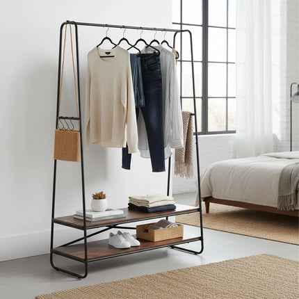 Coat Rack with 2 Shelves – Metal Frame, Wood-Effect