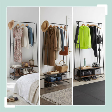 Coat Rack with 2 Shelves – Metal Frame, Wood-Effect