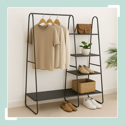 Coat Rack with 5 Shelves – Black Metal, Freestanding