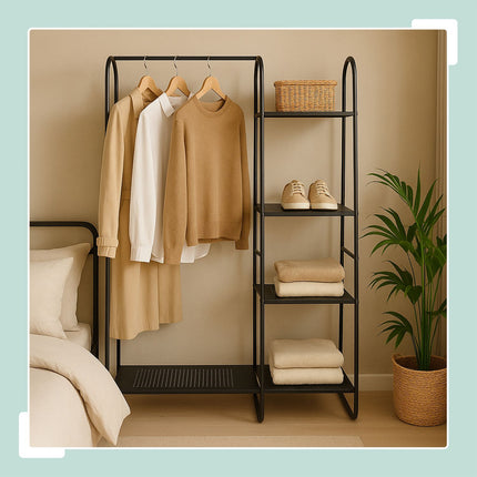 Coat Rack with 5 Shelves – Black Metal, Freestanding
