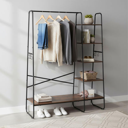 Coat Rack with 6 Shelves – Metal Frame, Wood-Effect