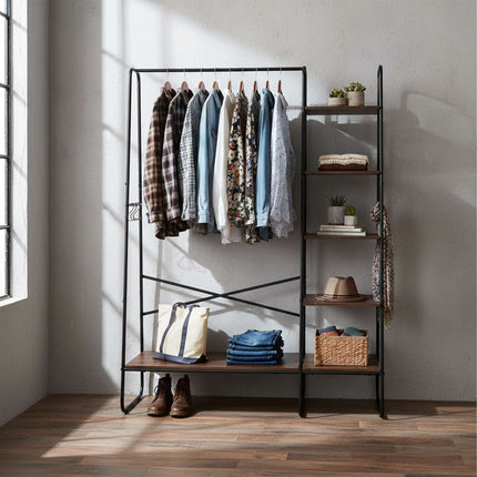 Coat Rack with 6 Shelves – Metal Frame, Wood-Effect