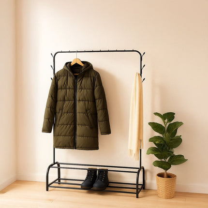 Coat Rack with Clothes Rail, 2 Shelves, 8 Hooks