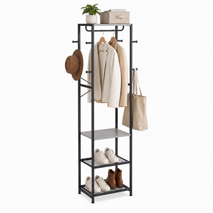 Coat Rack with Hooks, Shelves & Rail – Black-Grey