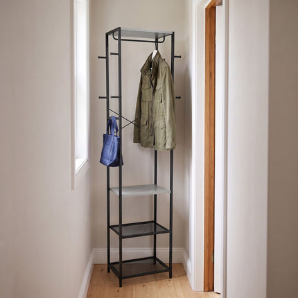Coat Rack with Hooks, Shelves & Rail – Black-Grey