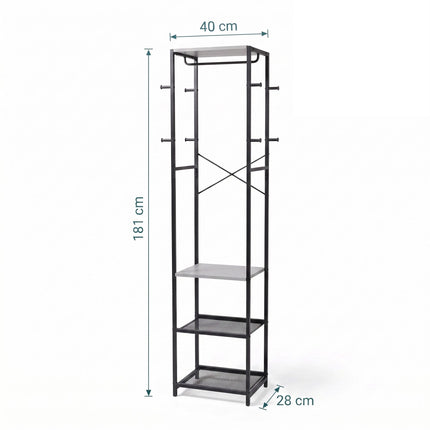 Coat Rack with Hooks, Shelves & Rail – Black-Grey