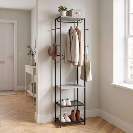 Coat Rack with Hooks, Shelves & Rail – Black-Grey