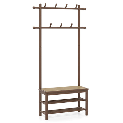 Coat Rack with Shoe Bench, Bamboo, 2 Rods, 13 Hooks