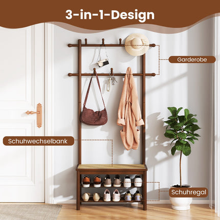 Coat Rack with Shoe Bench, Bamboo, 2 Rods, 13 Hooks