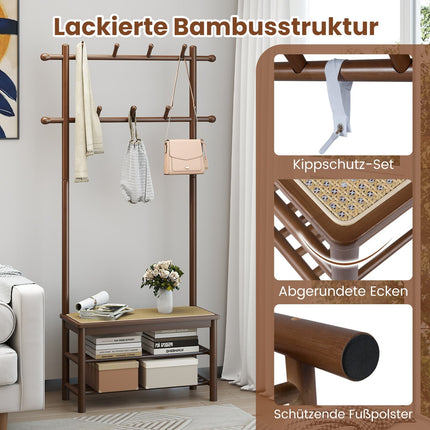 Coat Rack with Shoe Bench, Bamboo, 2 Rods, 13 Hooks