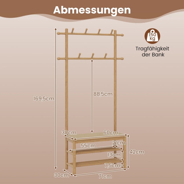 Kapstok met schoenenbankje, bamboe, 2 stangen, 13 haken