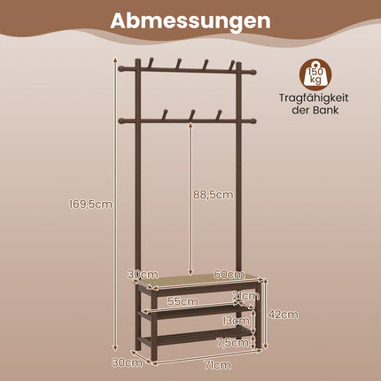 Coat Rack with Shoe Bench, Bamboo, 2 Rods, 13 Hooks