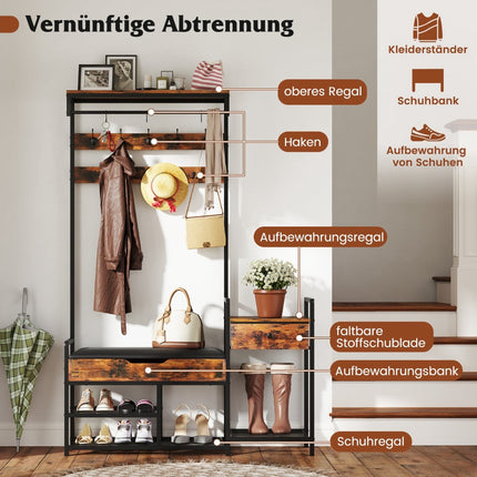 Coat Rack with Shoe Bench, Hooks, Drawer, and Shelf