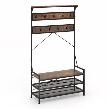 Coat Rack with Shoe Bench and Shelf – Brown, Metal Frame