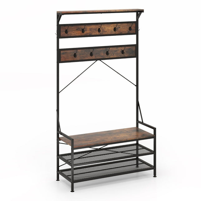 Kapstok met schoenenbank en plank - Bruin, metalen frame