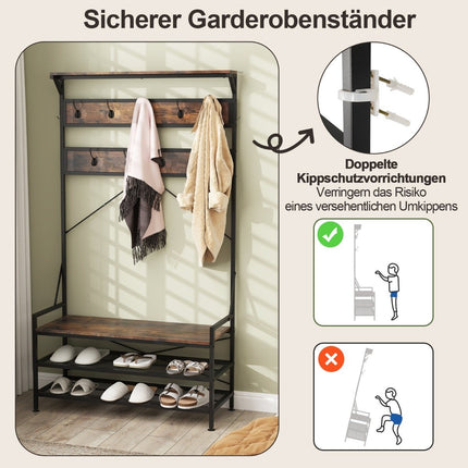 Coat Rack with Shoe Bench and Shelf – Brown, Metal Frame