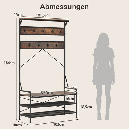 Coat Rack with Shoe Bench and Shelf – Brown, Metal Frame