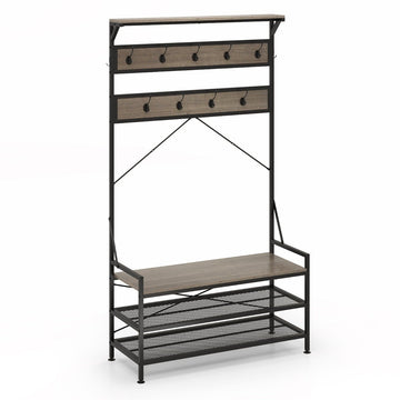 Coat Rack with Shoe Bench and Storage Shelves, Grey