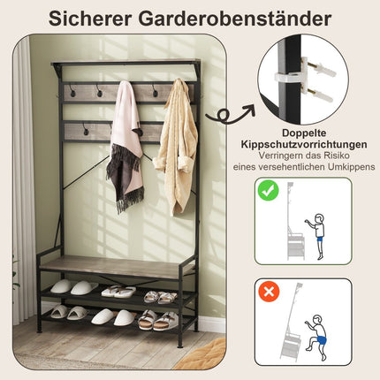 Coat Rack with Shoe Bench and Storage Shelves, Grey