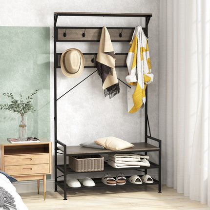 Coat Rack with Shoe Bench and Storage Shelves, Grey