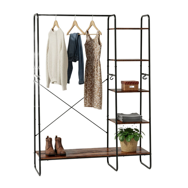 Kapstok met schoenenrek, metalen frame, houten planken
