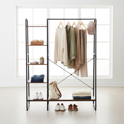 Coat Rack with Shoe Shelf, Metal Frame, Wood Shelves